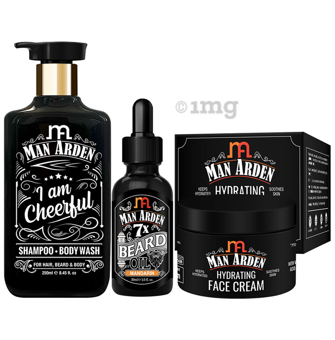 Man Arden Combo Pack of I Am Cheerful Shampoo + Bodywash (250ml), Beard Oil Mandarin (30ml) & Hydrating Face Cream (50gm)