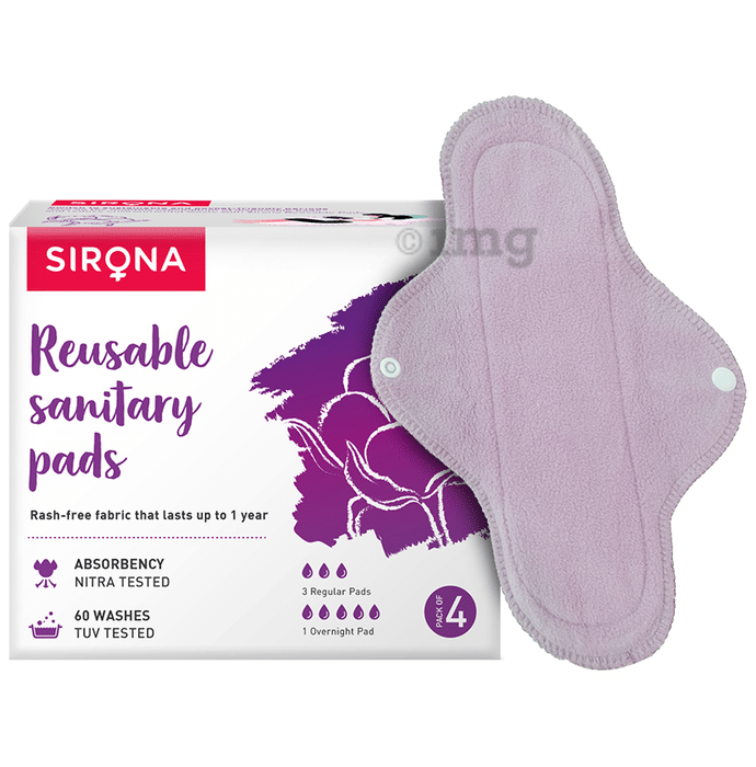 Sirona Reusable Pads for Women | 3 Regular Pads + 1 Overnight Pad | Cloth  Pads for Women for Period, Reusable Sanitary Pads for Women, Rash Free