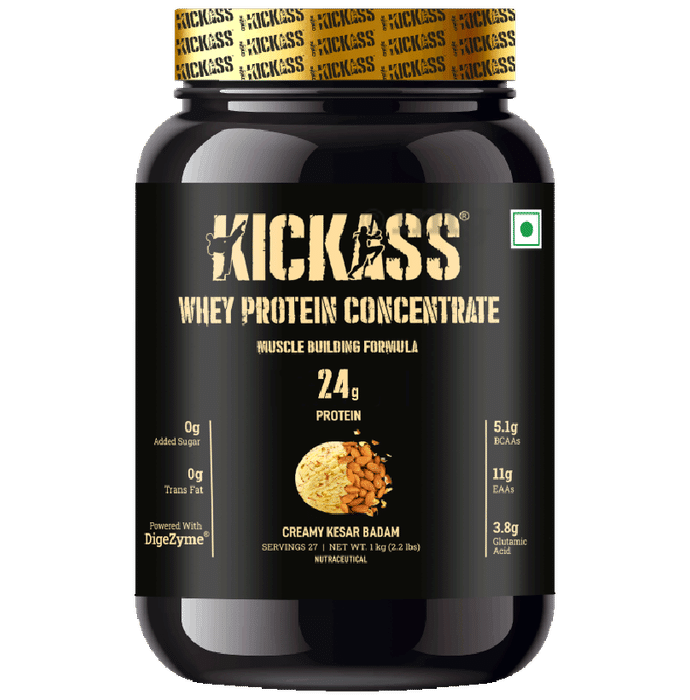 Kickass Whey Protein Concentrate Muscle Building Formula Powder Creamy Kesar Badam