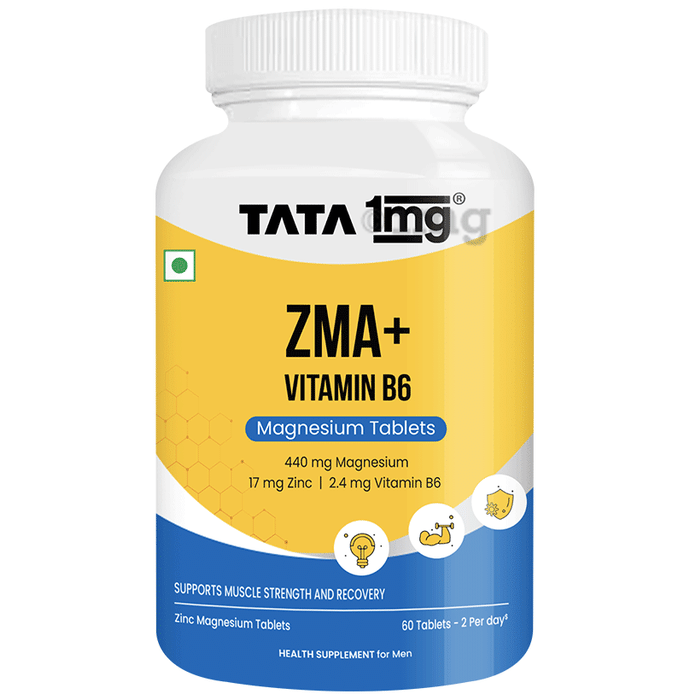 ZMA+ Vitamin B6 (Zinc + Magnesium) Tablet | Muscle Relaxant, Sleep, Strength Supplement | by TATA 1mg