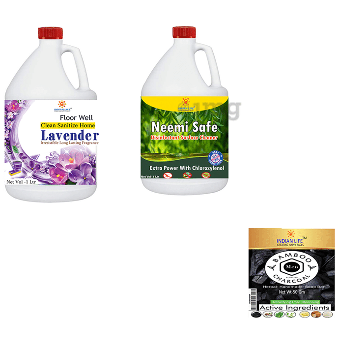 Indian Life Combo Pack of Floor Well Disinfectant Lavender (1ltr) & Neemi Safe Disinfectant (1ltr) with Charcoal Soap Free (50gm) Free