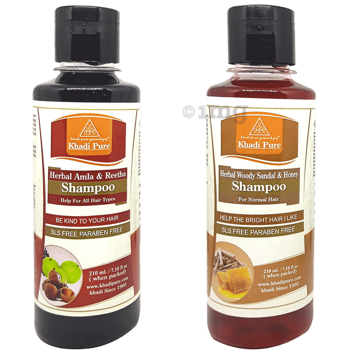 Khadi Pure Combo Pack of Herbal Amla & Reetha Shampoo & Herbal Woody Sandal & Honey Shampoo SLS & Paraben Free (210ml Each)