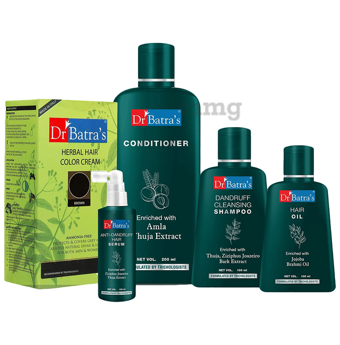 Dr Batra's Combo Pack of Anti-Dandruff Hair Serum 125ml, Dandruff Cleansing Shampoo 100ml, Hair Oil 100ml, Conditioner 200ml,  and Herbal Hair Color Cream 130gm Brown