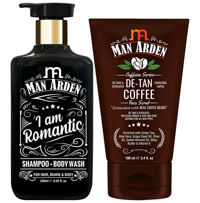 Man Arden Combo Pack of I Am Romantic Shampoo + Body Wash (250ml)  & De-Tan Coffee Face Scrub (100ml)