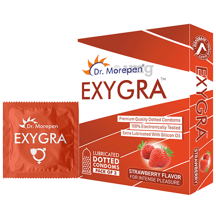 Dr. Morepen Exygra Dotted Condoms with Extra Lubricated Silicon Oil Strawberry