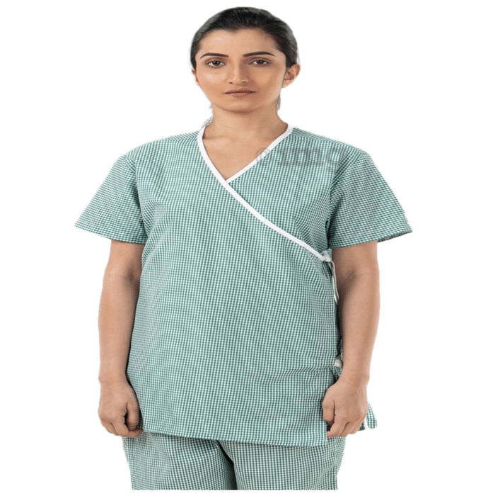 Agarwals Unisex Patient Dress Front Open Overlap Green Checks Small