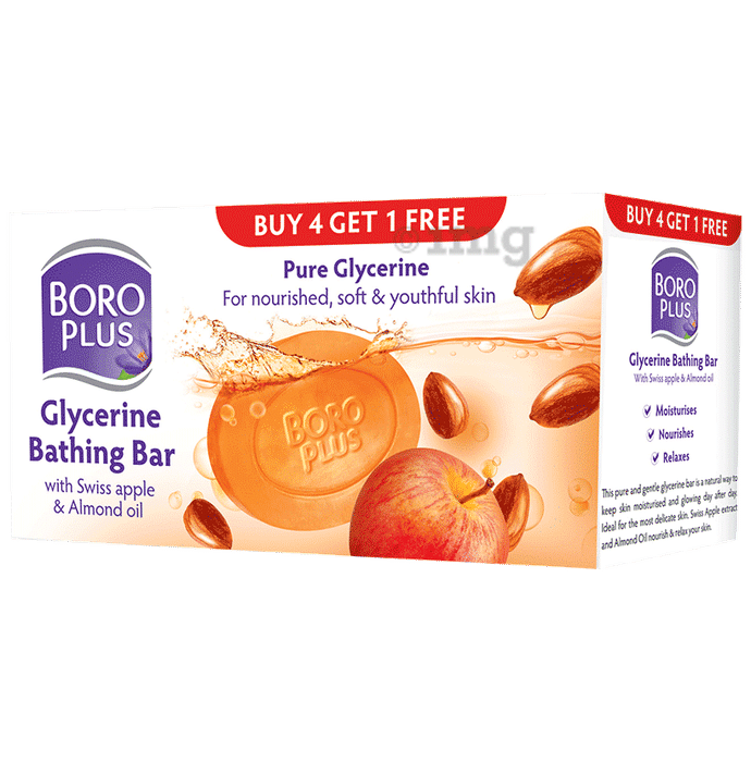 Boroplus Combo Pack of Glycerine Bathing Bar Buy 4 get 1 Free (125 gm Each) with Swiss Apple & Almond Oil