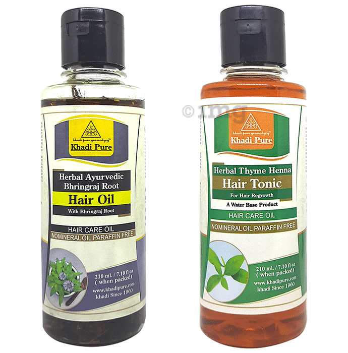Khadi Pure Combo Pack of Herbal Ayurvedic Bhringraj Root Hair Oil & Herbal Thyme Heena Hair Tonic Mineral & Paraffin Oil Free (210ml Each)