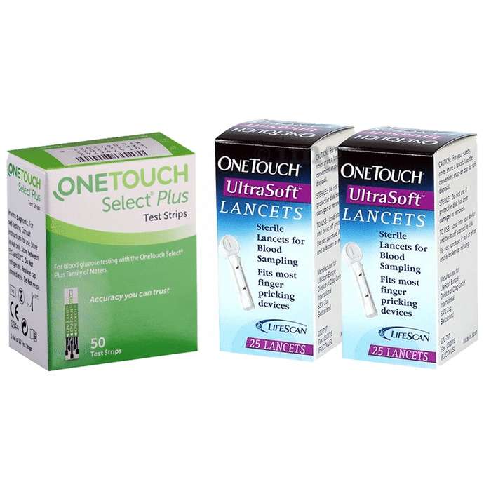 Combo Pack of OneTouch Select Plus Test Strip (50) & 2 Boxes of OneTouch Ultrasoft Lancets (25 Each)