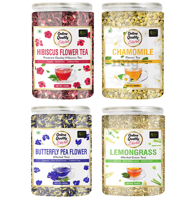 Online Quality Store Combo Pack of Lemongrass Herbal Green Tea, Hibiscus Flower Tea, Butterfly Pea Flower Herbal Tea & Chamomile Flower Tea (100gm Each)