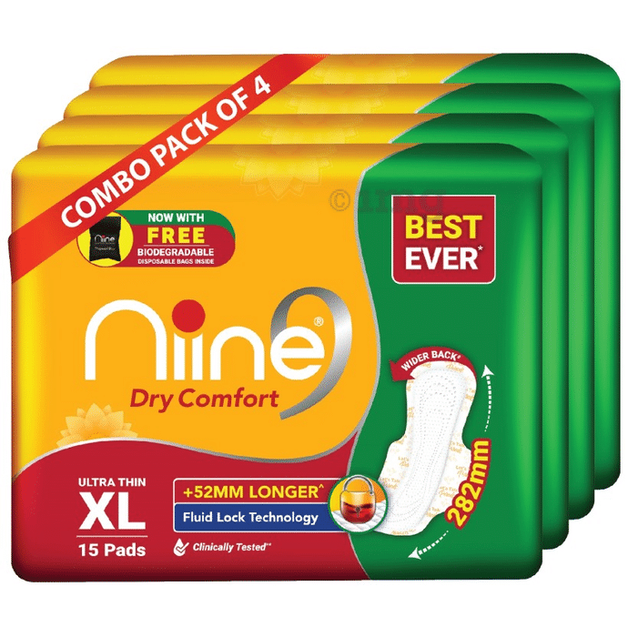 Niine Dry Comfort Sanitary Pads (15 Each) with Free Biodegradable Disposable Bags XL