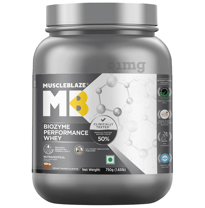 MuscleBlaze Biozyme Performance Whey Protein | For Muscle Gain | Improves Protein Absorption by 50% | Flavour Powder Kesar Thandai