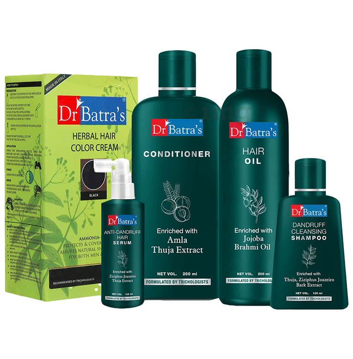 Dr Batra's Combo Pack of Anti-Dandruff Hair Serum 125ml, Dandruff Cleansing Shampoo 100ml, Conditioner 200ml, Hair Oil 200ml and Herbal Hair Color Cream 130gm Black