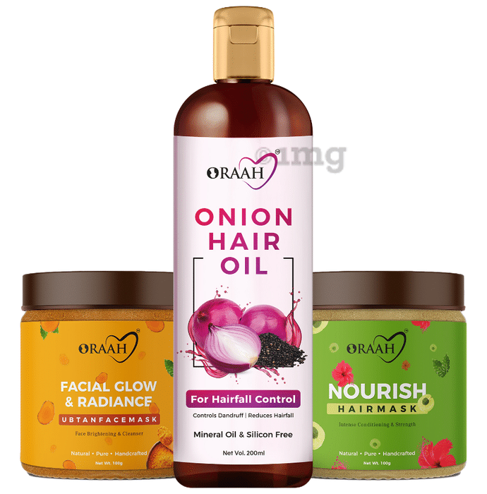 Oraah Combo Pack of Onion Hair Oil 200ml, Facial Glow & Radiance Ubtan Face Mask 100gm & Nourish Hair Mask 100gm