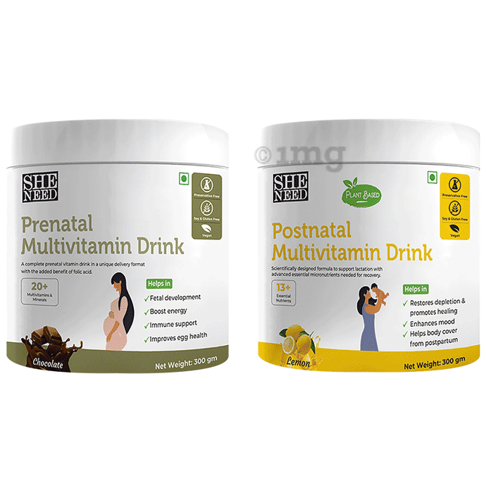 SheNeed Combo Pack of Prenatal Multivitamin Drink Chocolate Flavour (300gm) & Postnatal Multivitamin Drink Lemon Flavour (300gm)