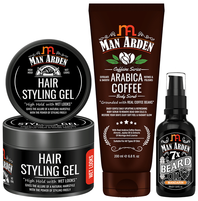 Man Arden Combo Pack of Hair Styling Gel 50gm, Coffee Body Scrub 200ml & Beard Oil Mandarin 30ml