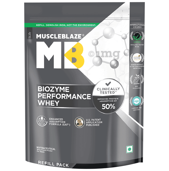 MuscleBlaze Biozyme Performance Whey Protein | For Muscle Gain | Improves Protein Absorption by 50% | Flavour Powder Rich Chocolate Refill Pack