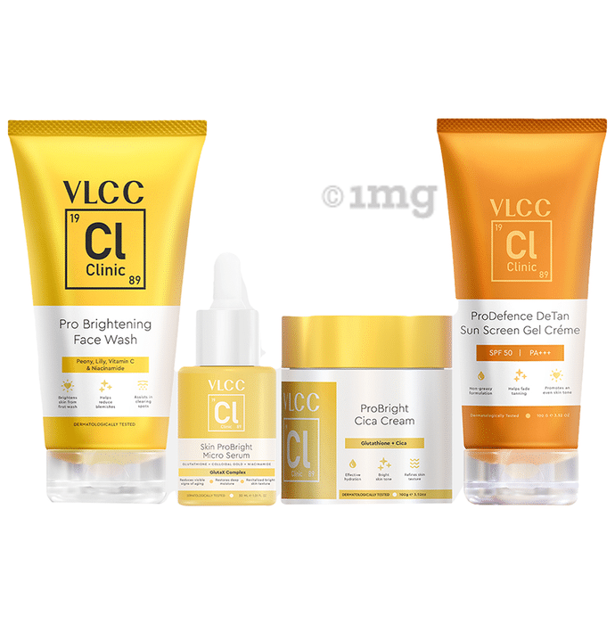 VLCC Clinic Pro Brightening Face Wash (150 ml) Skin Pro Bright Micro Serum (30 ml) Pro Bright Cica Cream (100 gm) & De-Tan Sun Screen Gel Creme SPF 50 (100 gm)