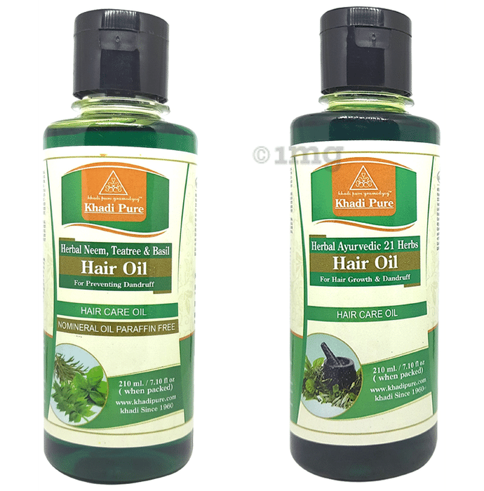 Khadi Pure Combo Pack of Herbal Ayurvedic 21 Herbs Hair Oil & Herbal Neem, Teatree & Basil (210ml Each)