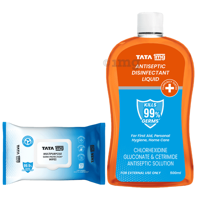 Combo Pack of Tata 1mg Antiseptic Liquid (500ml) & Tata 1mg Multipurpose Germ Protection Wipes (72)