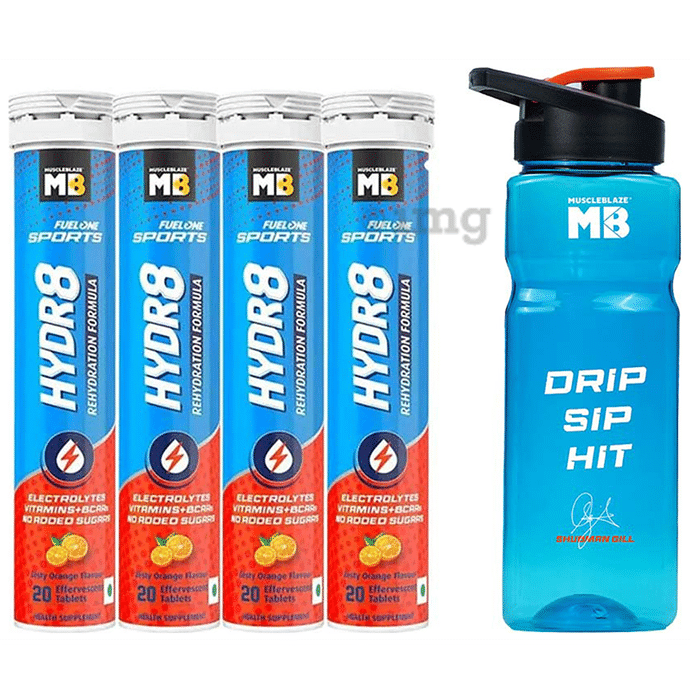 Muscleblaze MB Fuel One Sports Hydr8 Rehydration Formula Effervescent Tablet (20 Each) Zesty Orange with Sipper 500ml