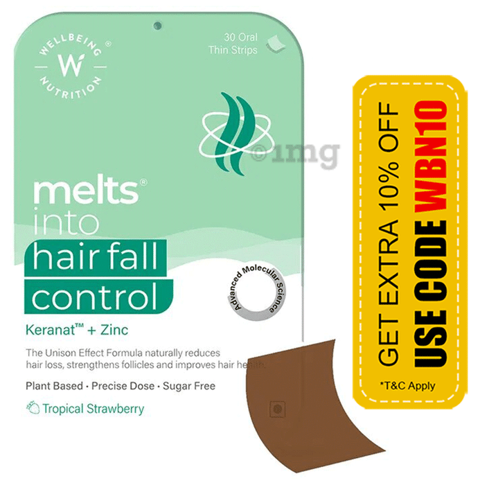 Wellbeing Nutrition Melts Into Hair Fall Control with Keranat & Zinc | Oral Thin Strip Tropical Strawberry