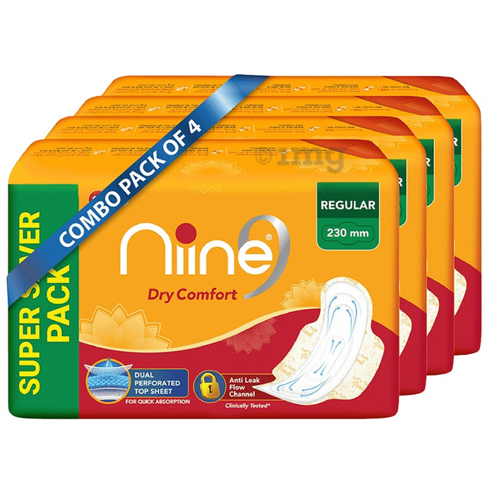 Niine Dry Comfort Sanitary Pads for Women with Anti Leak Flow Channel Technology (18 Each) Regular