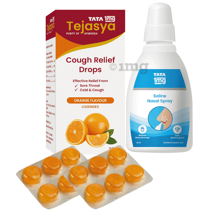Combo Pack of Tata 1mg Tejasya Cough Relief Drops Orange (6) & Tata 1mg Saline Nasal Spray (20ml)