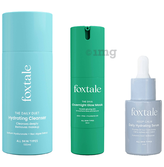 Foxtale Combo Pack of Hydrating Cleanser 100ml, Overnight Glow Mask 30ml and Daily Hydrating Serum 30ml