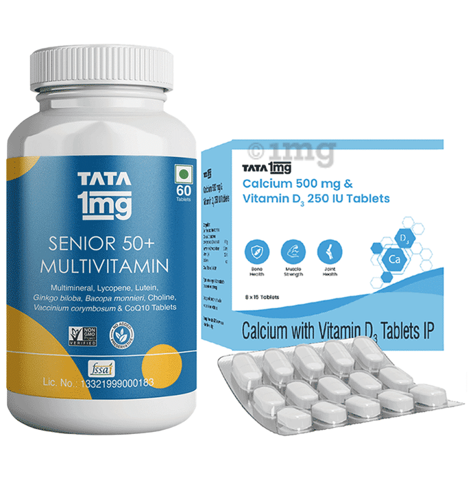 Combo Pack of Tata 1mg Senior 50+ Multivitamin & Multimineral Veg Tablet (60) & Tata 1mg Calcium 500mg & Vitamin D3 250IU Tablet (15)