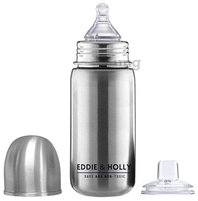 Eddie & Holly 2 in 1 Sipper Bottle for Baby Anti Colic and New Born Baby Premium Stainless Steel, Wide Neck 6+ Months