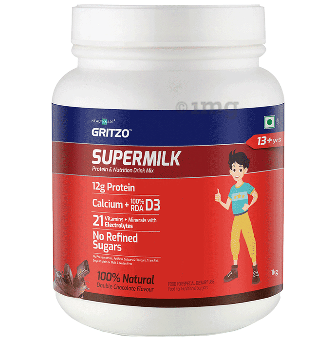 Gritzo SuperMilk for Active Kids, Protein Powder for Kids, High Protein (6 g), DHA, Calcium + D3, 21 Nutrients, No Refined Sugar, 100% Natural Double Chocolate Flavour 13+ years Double Chocolate