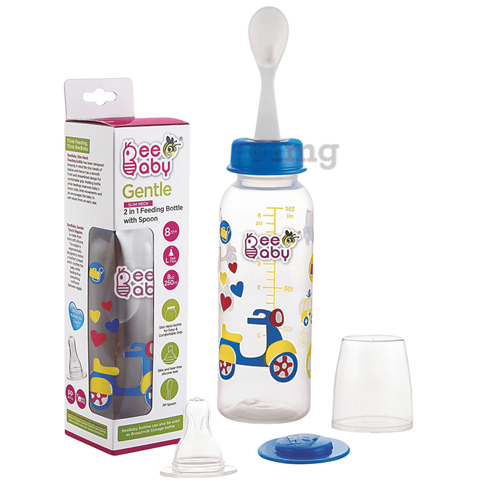 BeeBaby Gentle 2 in 1 Slim Neck Baby Feeding Bottle with Anti-Colic Silicone Nipple & Feeder Spoon, 8 Months+ Blue