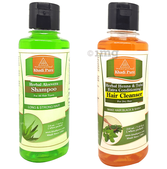 Khadi Pure Combo Pack of Herbal Aloevera Shampoo and Herbal Heena & Tulsi Extra Conditioning (210ml Each)