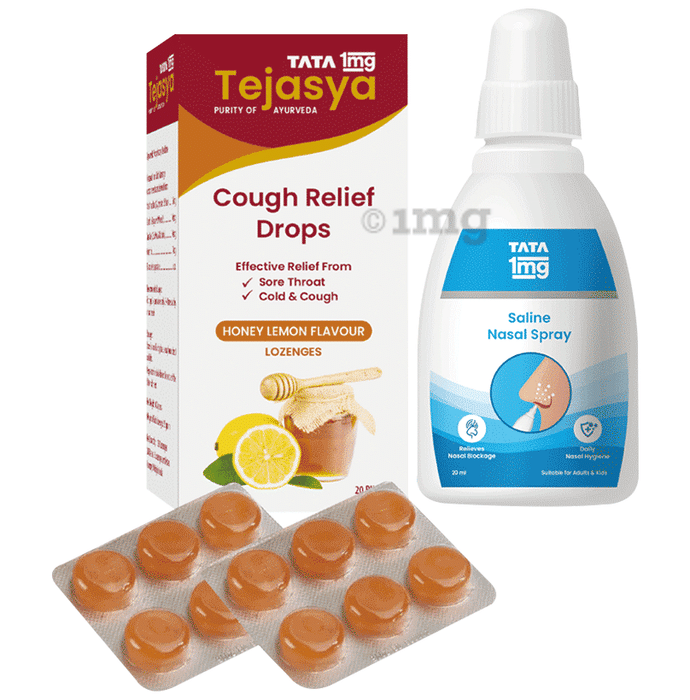 Combo Pack of Tata 1mg Tejasya Cough Relief Drops Honey lemon (6) & Tata 1mg Saline Nasal Spray (20ml)