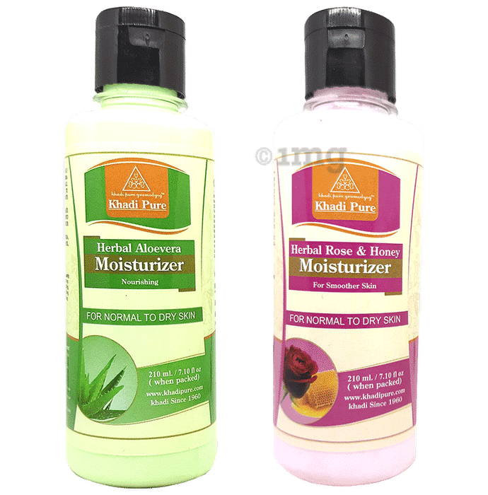 Khadi Pure Combo Pack of Herbal Aloevera Moisturizer & Herbal Rose & Honey Moisturizer (210ml Each)