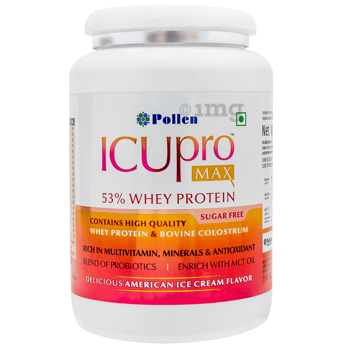 Pollen Icu Pro Max with 53% Whey Protein with Multivitamins, Minerals & Probiotics | Sugar Free | Flavour American Ice Cream Powder