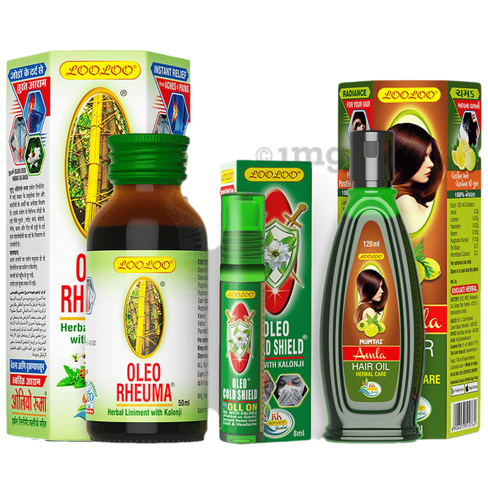 LooLoo Combo Pack of Oleo Rheuma (50ml), Oleo Cold Shield Roll On (8ml) and Mumtaz Amla Hair Oil (120ml)