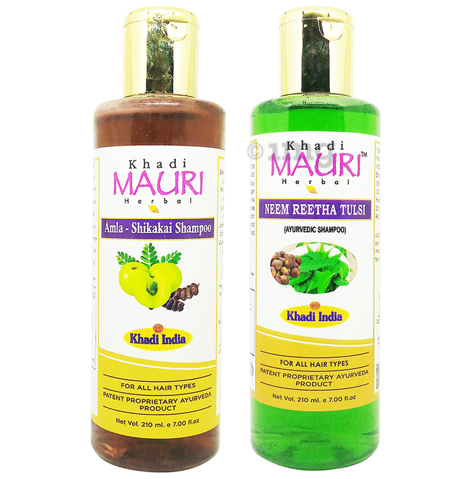 Khadi Mauri Herbal Combo Pack of Amla Shikakai Shampoo & Neem Reetha Tulsi Shampoo (210ml Each)