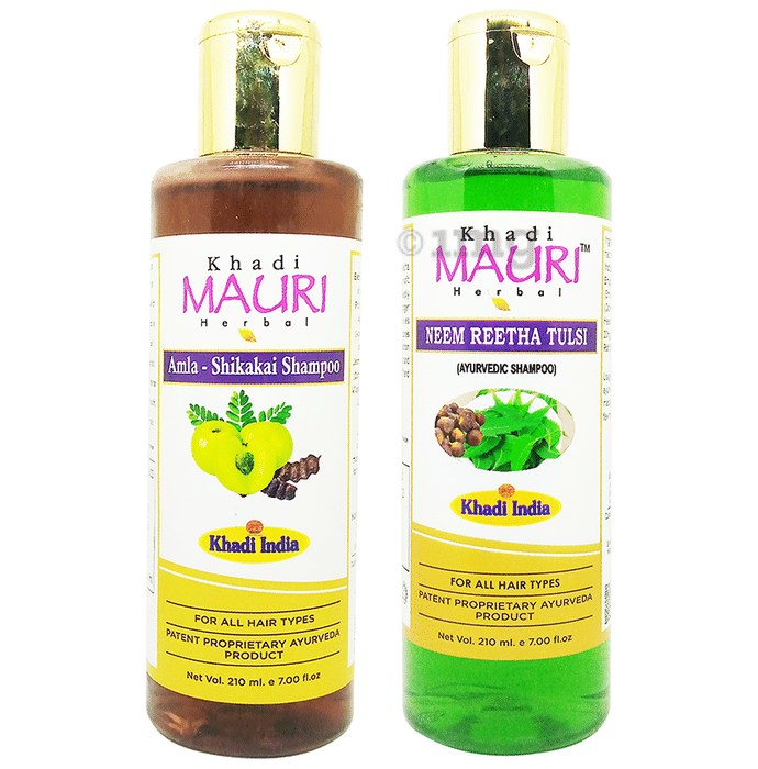 Khadi Mauri Herbal Combo Pack of Amla Shikakai Shampoo & Neem Reetha Tulsi Shampoo (210ml Each)