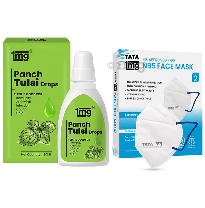 Combo Pack of Tata 1mg BIS Approved FFP2 N95 Face Mask with Ear Loop (2) &  1mg Panch Tulsi Drops (30ml)