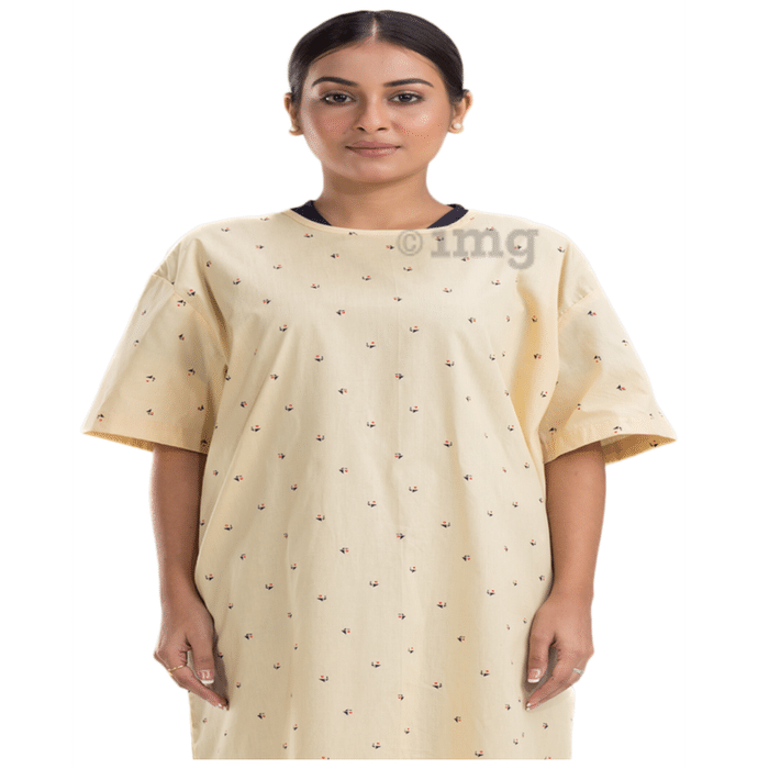 Agarwals Unisex Patient Gown Half Sleeves Back Open Universal Printed Yellow
