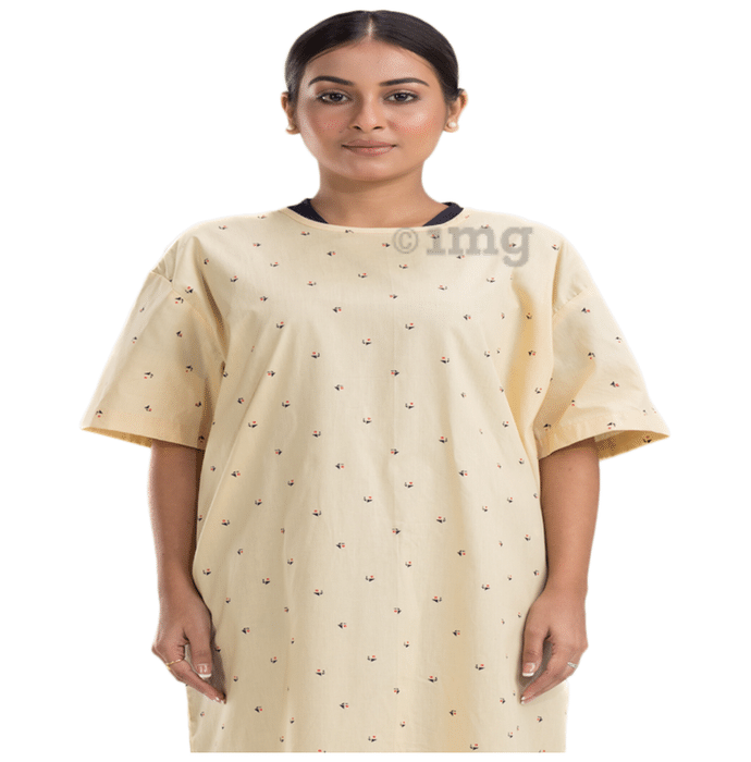 Agarwals Unisex Patient Gown Half Sleeves Back Open Universal Printed Yellow