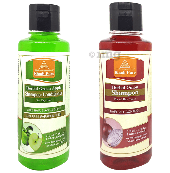 Khadi Pure Combo Pack of Herbal Onion Hair Oil & Herbal Green Apple Shampoo + Conditioner SLS Free & Paraben Free (210ml Each)