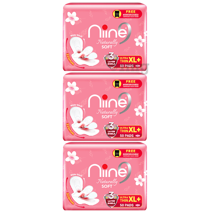 Niine Naturally Soft Pads Ultra Thin (50 Each) with Biodegradable Disposal Bag Inside Free XL+