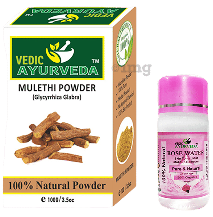 Vedic Ayurveda Combo pack of Mulethi Powder Face Pack & Rose water (60ml)