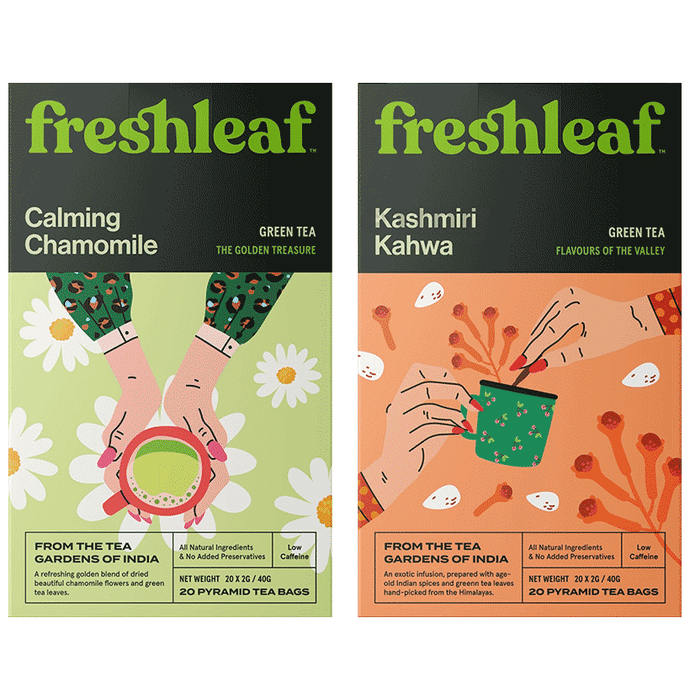 Freshleaf Combo Pack of Calming Chamomile Tea Bag (20) & Kashmiri Kahwa Green Tea Bag (20)