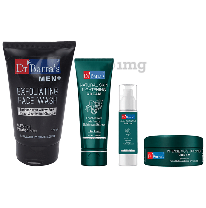 Dr Batra's Combo Pack of Men+ Exfoliating Face Wash 125gm, Natural Skin Lightening Cream 100gm, Skin Fairness Serum 50gm and Intense Moisturizing Cream 100gm