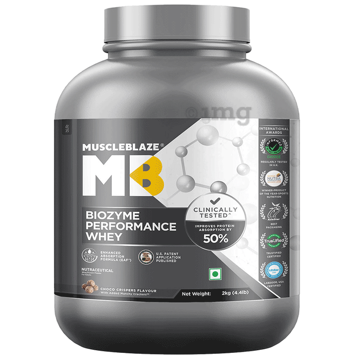 MuscleBlaze Biozyme Performance Whey Protein | For Muscle Gain | Improves Protein Absorption by 50% | Flavour Powder Choco Crispers