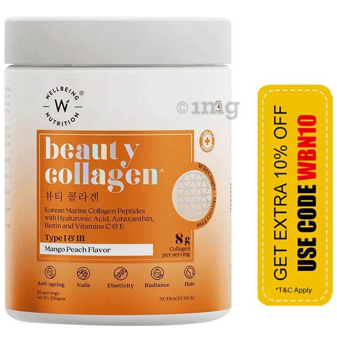 Wellbeing Nutrition Beauty Collagen Type I & III  for Skin, Nails, Hair & Anti-Ageing Support Mango Peach
